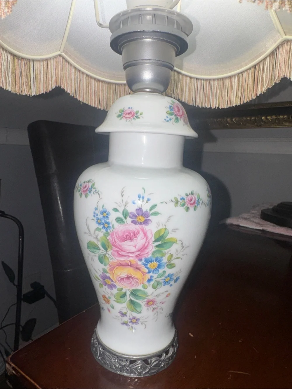 Floral Porcelain Table Lamp with Pink Shade Fringe